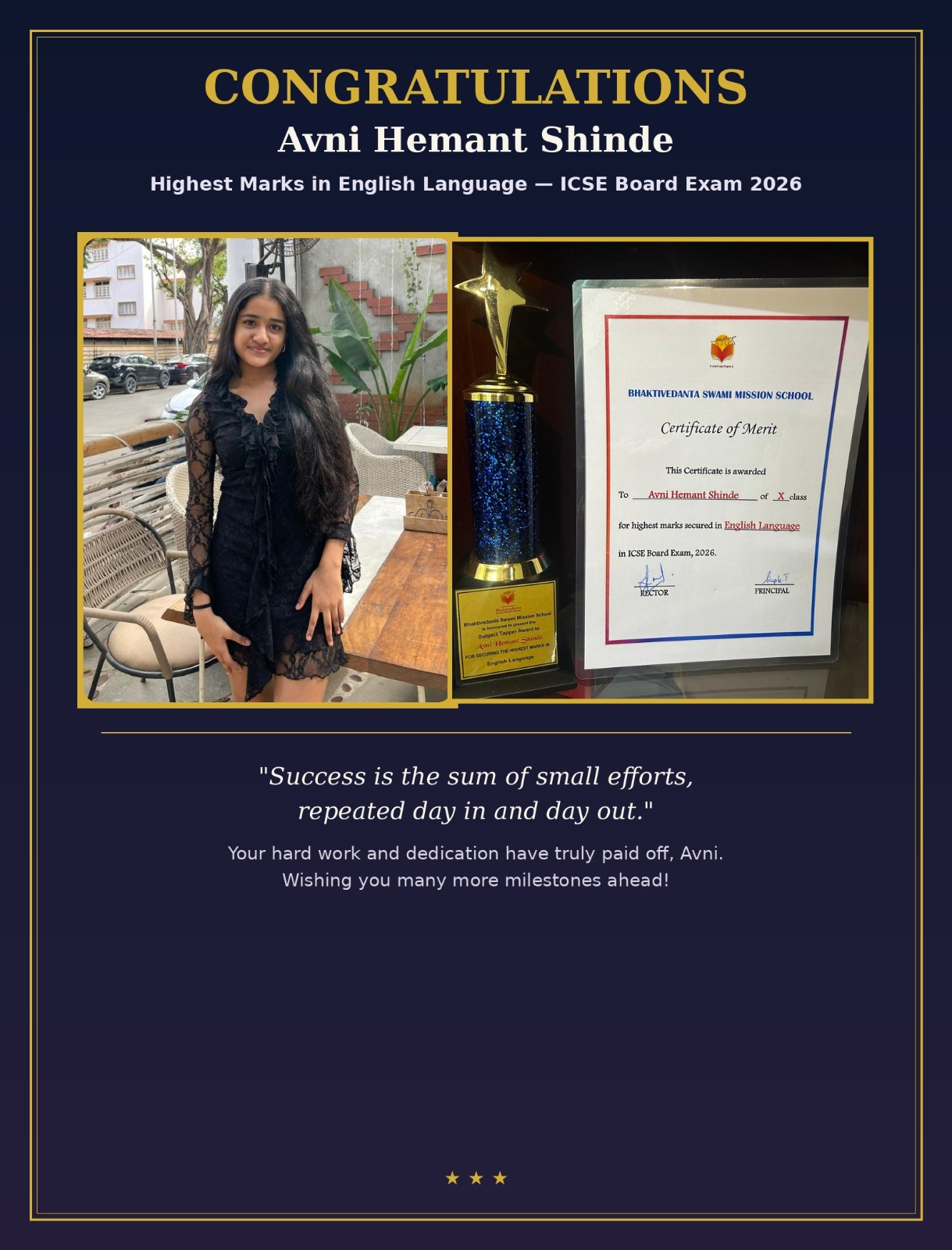 Avni Hemant Shinde with her Certificate of Merit and trophy for highest marks in English Language, ICSE Board Exam 2026